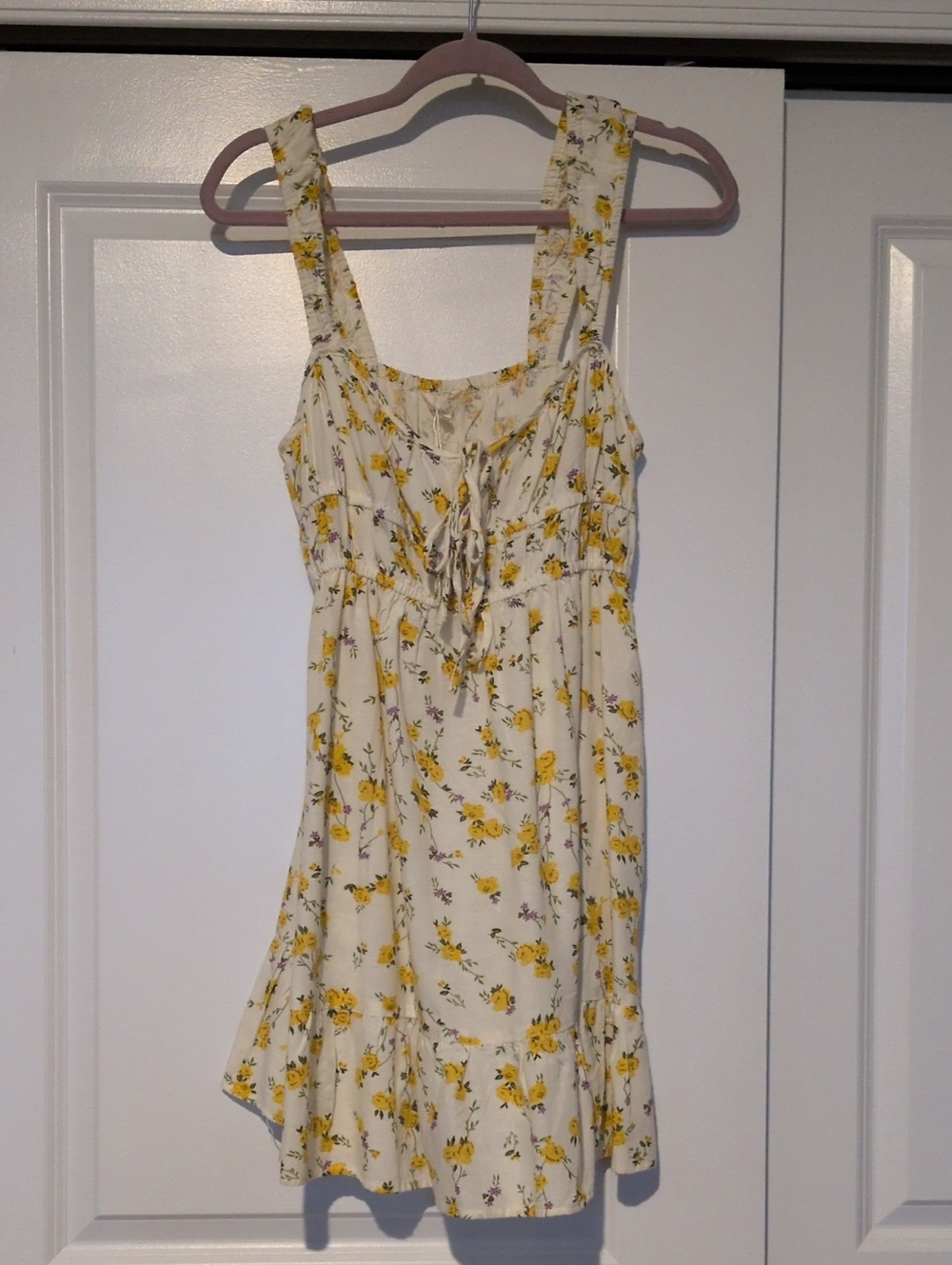 Women's Yellow Floral Midi Dress with Tie Front